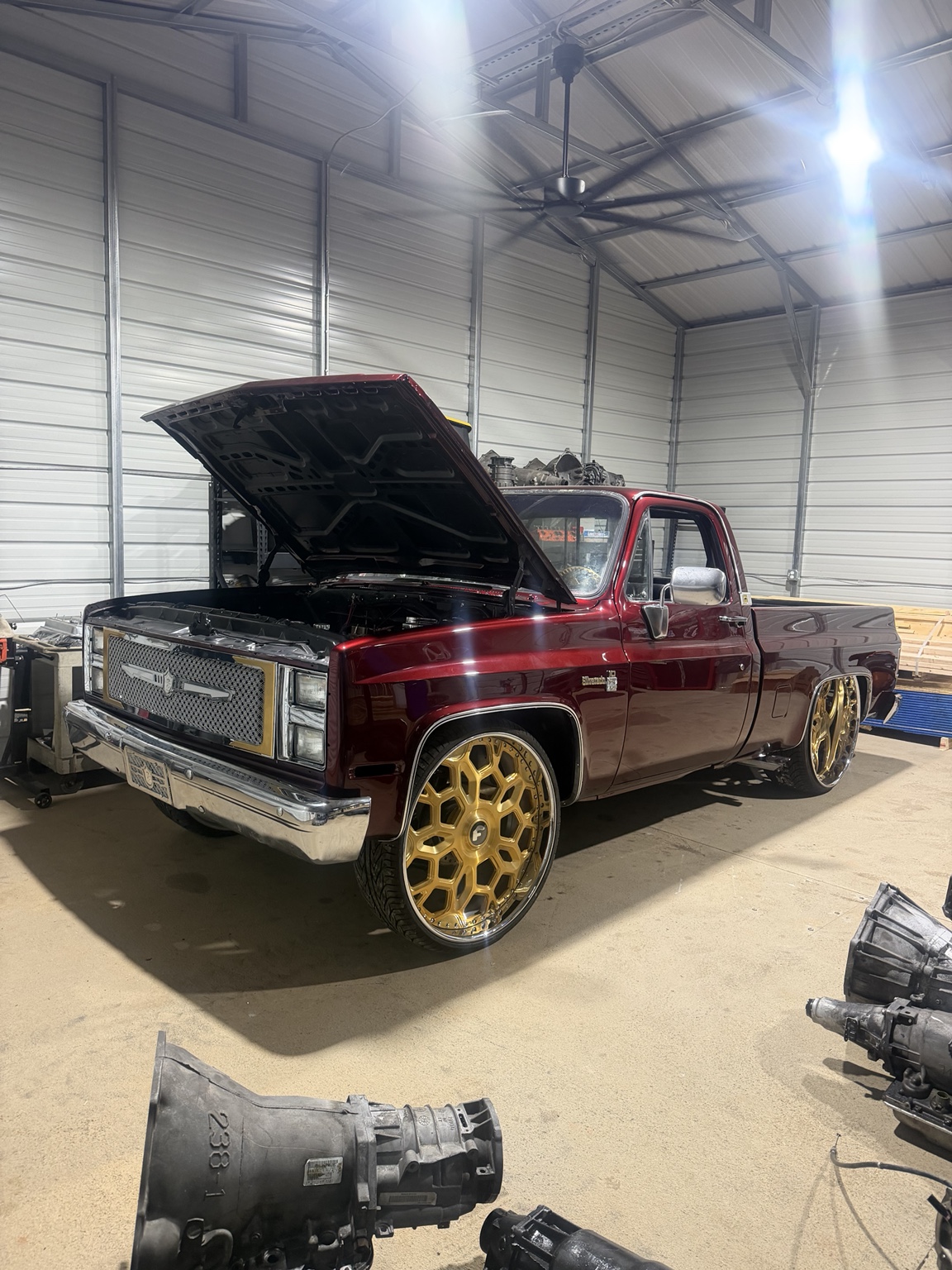 Classic pickup truck inside the shop